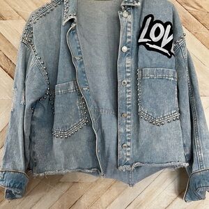 Studded Denim Jacket with 'LOVE' Patch
